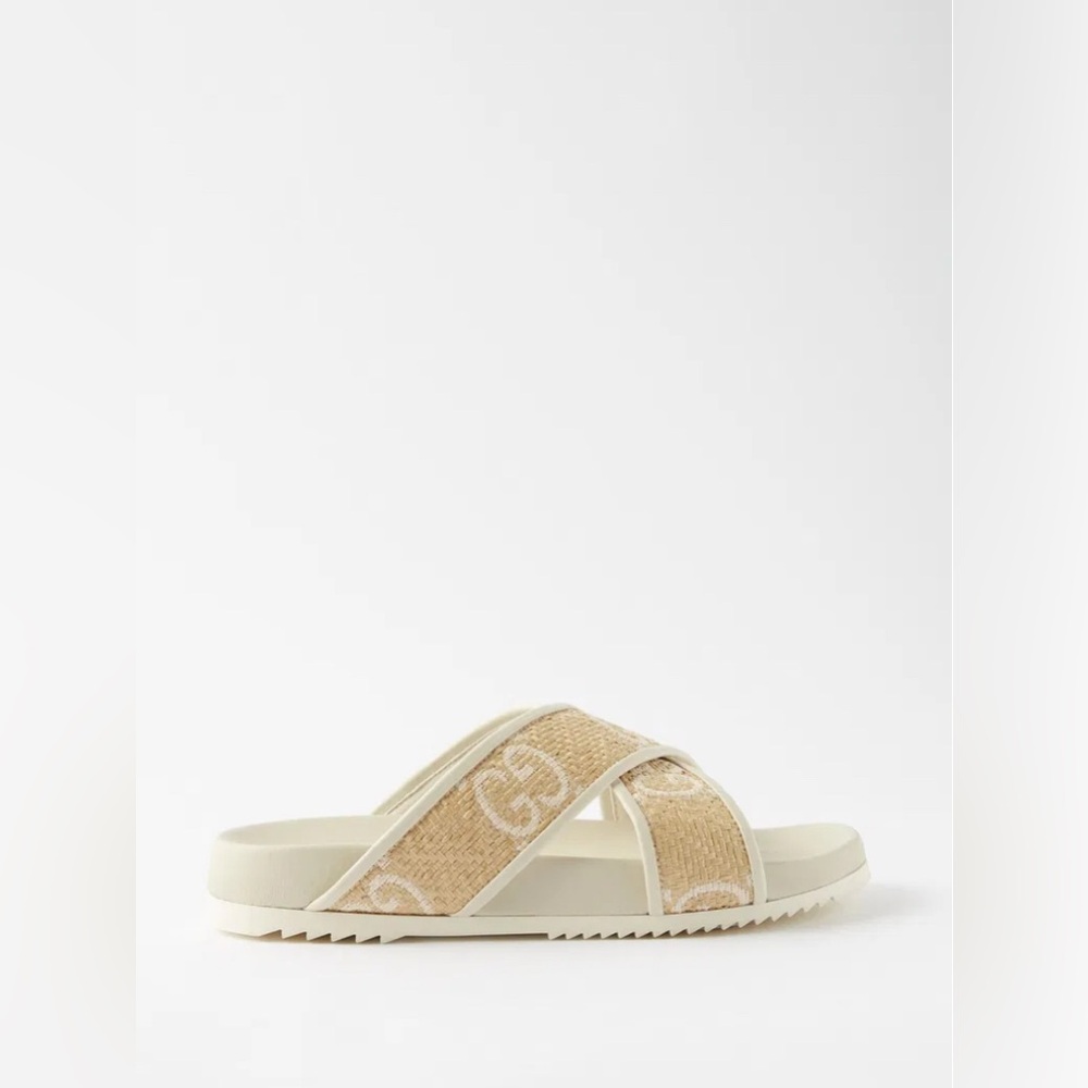 GUCCI Crossover Strap Raffia And Leather Sandals - Picture 4 of 14